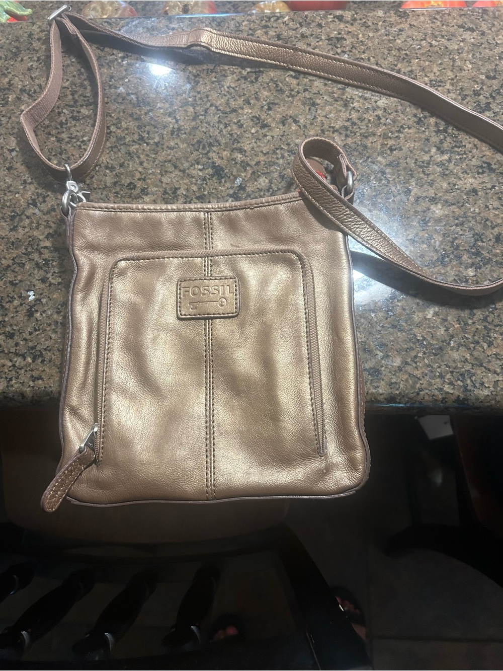 Fossil Metallic Bronze/Tan Leather Crossbody Bag